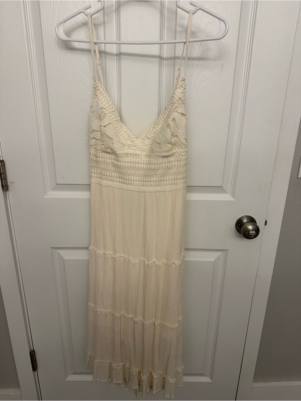 Cream Lace-Trim Midi Dress with Spaghetti Straps